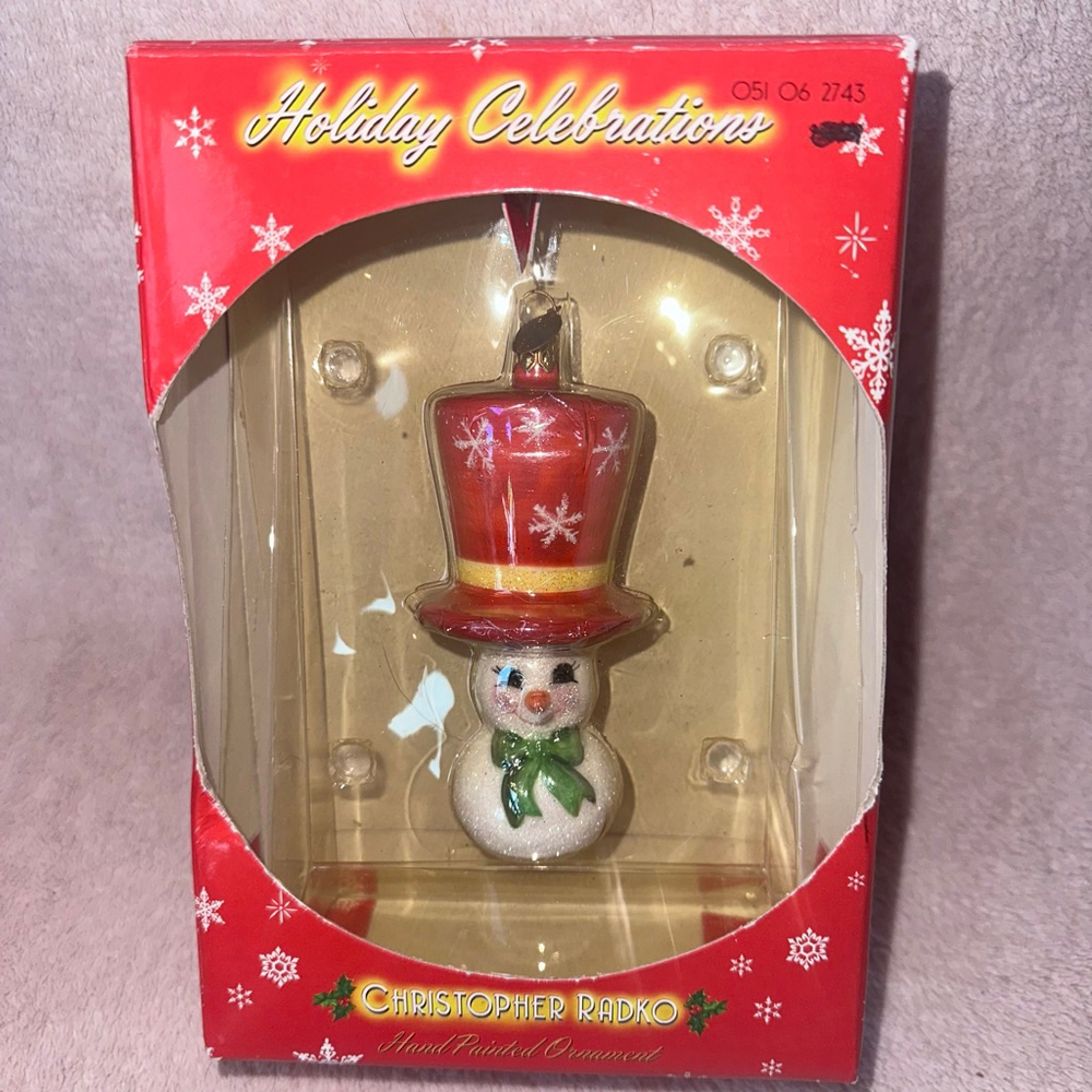 NOS Christopher Radko Holiday Collection Hand Painted Snowman With Red Top Hat